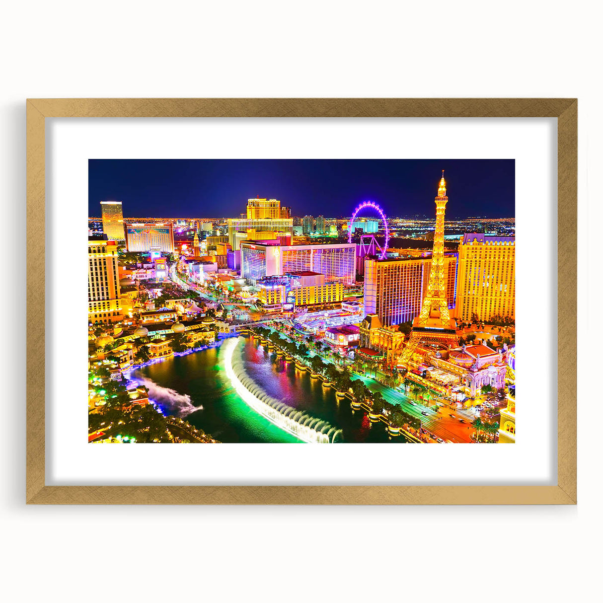 Extra large abstract art print of Las Vegas skyline in gold frame, featuring textured design in vibrant colors.