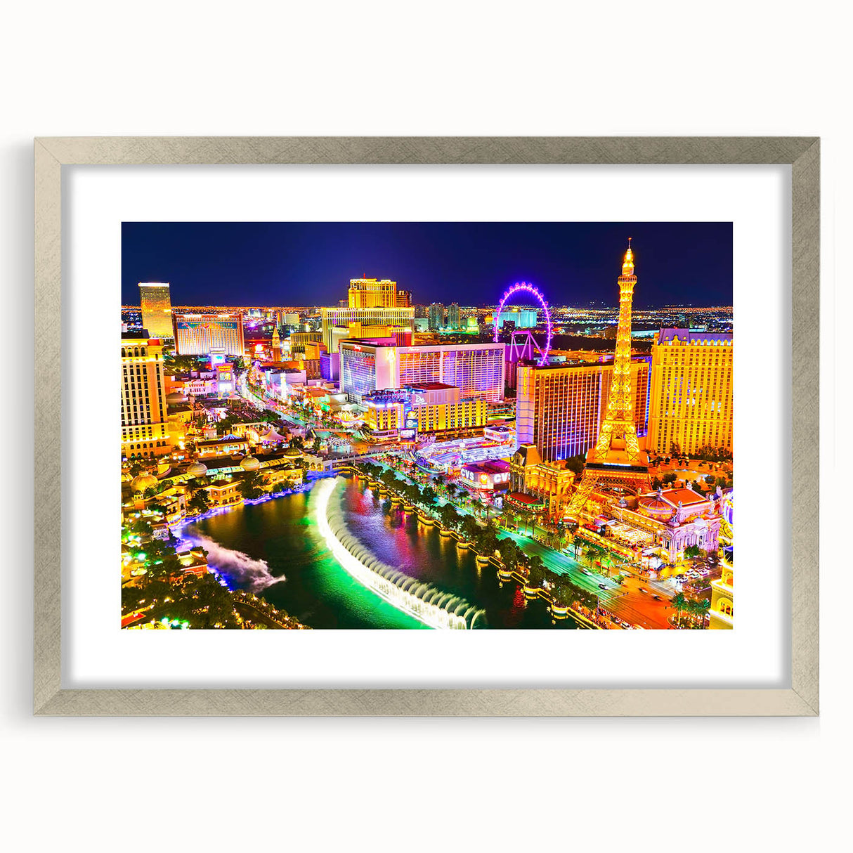 Textured art of abstract Las Vegas skyline in silver frame, with soft gray and blue tones, ideal for bedroom wall decor.