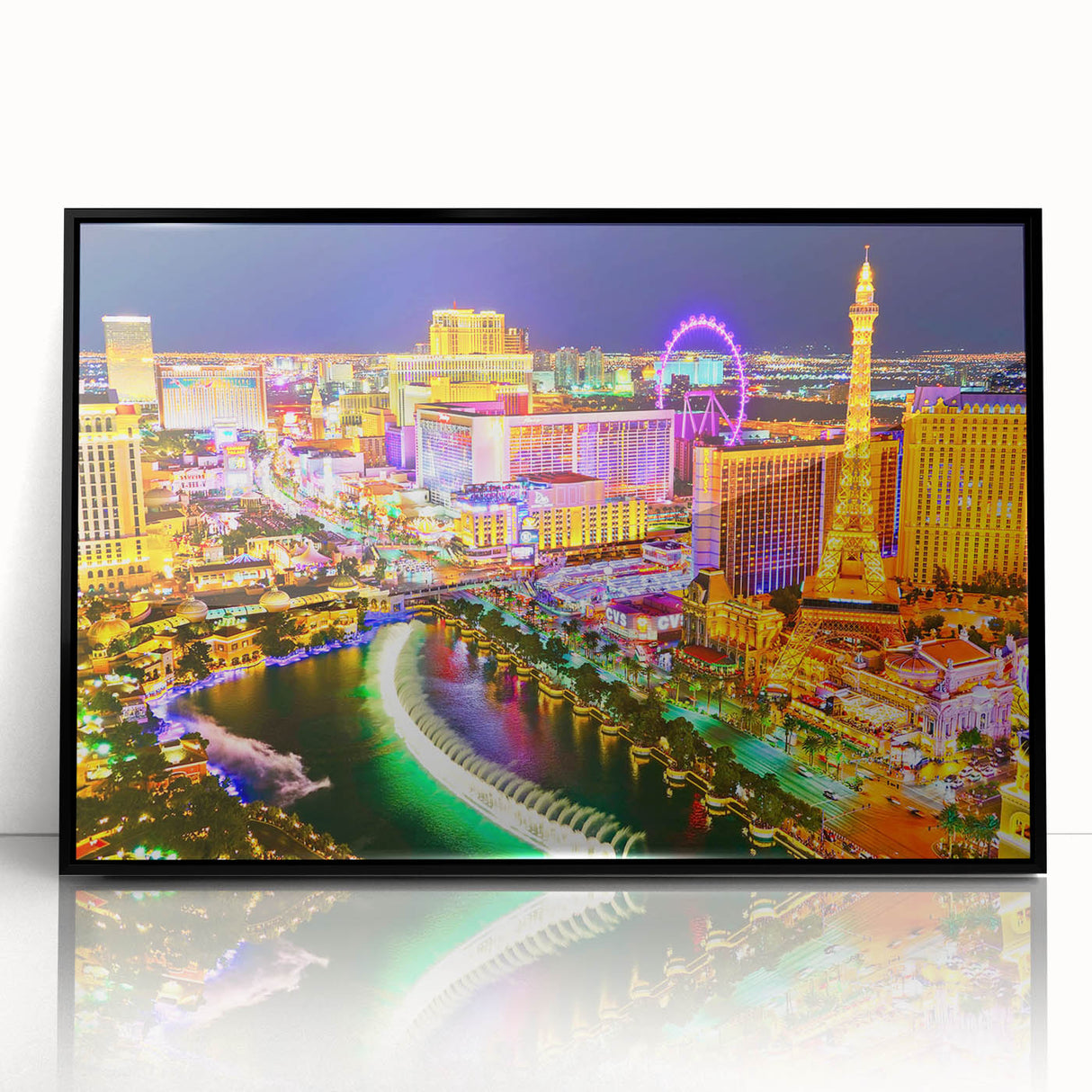 Large abstract wall art depicting the Las Vegas skyline in vivid neon colors on a black acrylic framed print.