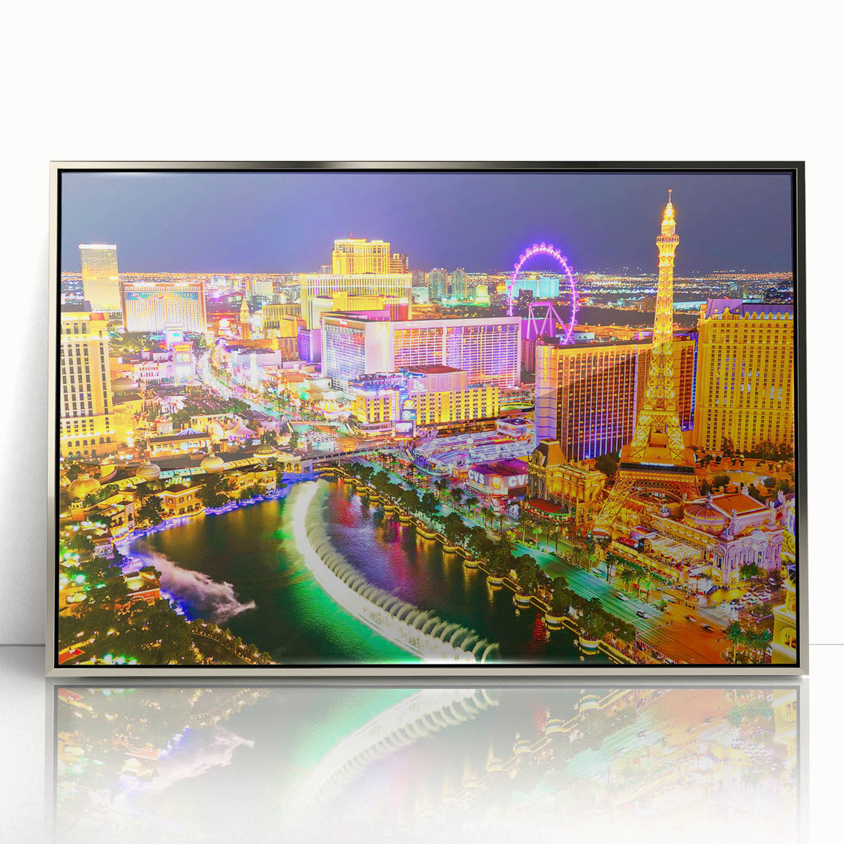 Mid-century modernist art of Las Vegas skyline in silver acrylic frame, ideal for modern art wall decor.