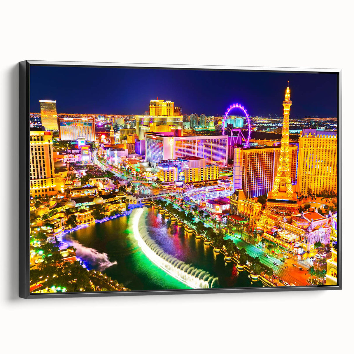 Black and white framed canvas of Las Vegas landscape, ideal for bedroom wall art.