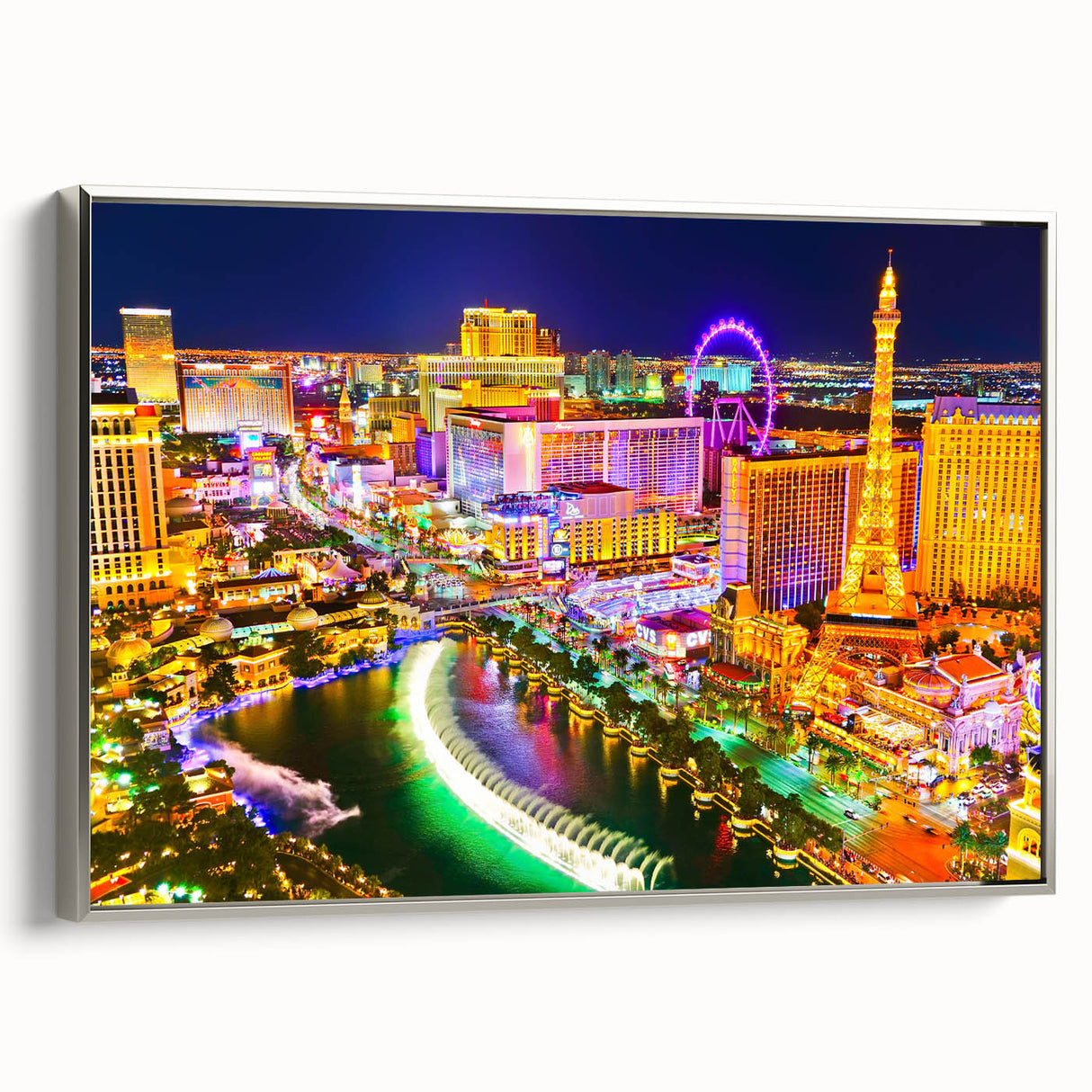 Framed canvas of a vintage Las Vegas landscape in colorful art style, ideal for enhancing a modern living room.