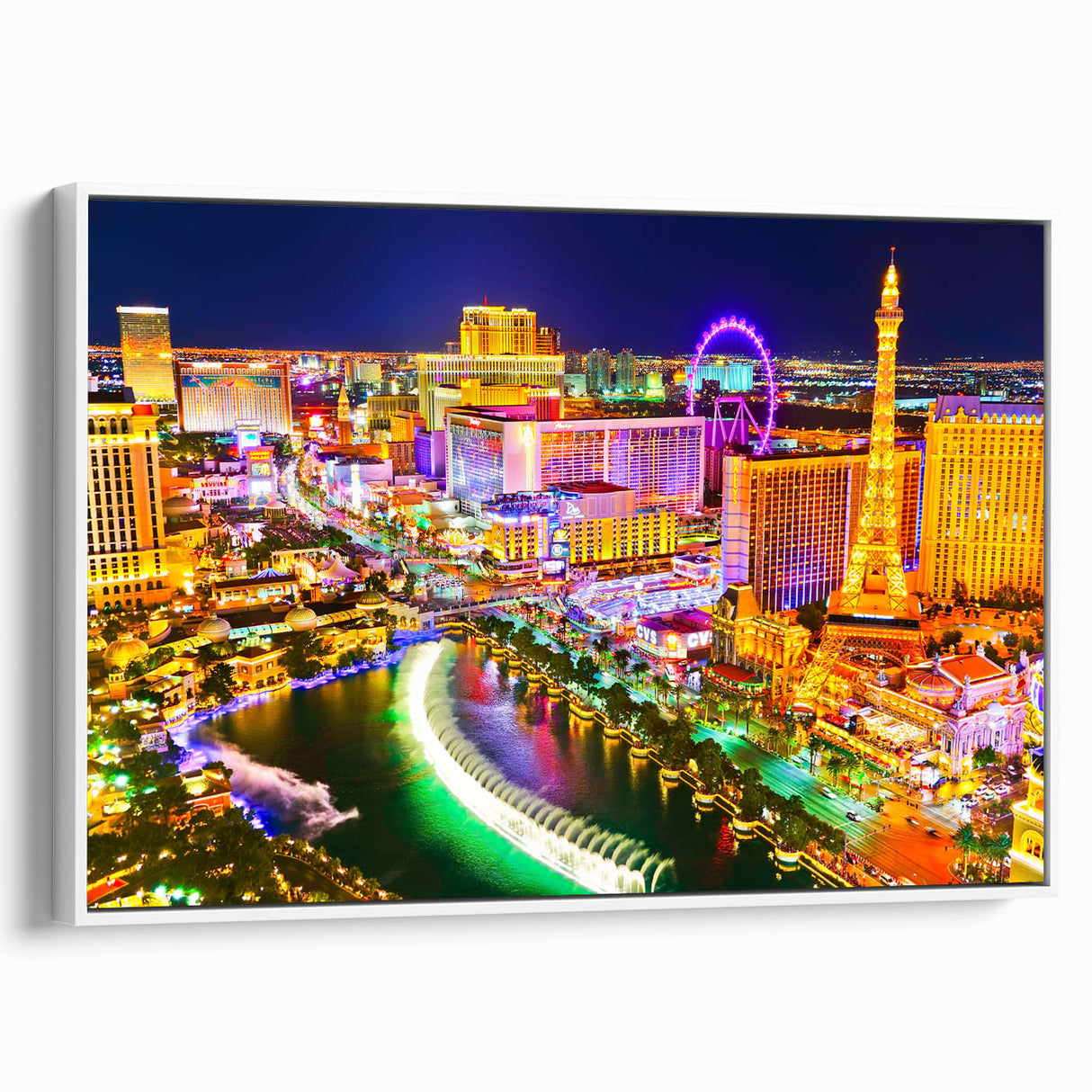 Vintage poster art of Las Vegas with colorful details on extra large framed canvas, ideal for living room decor.