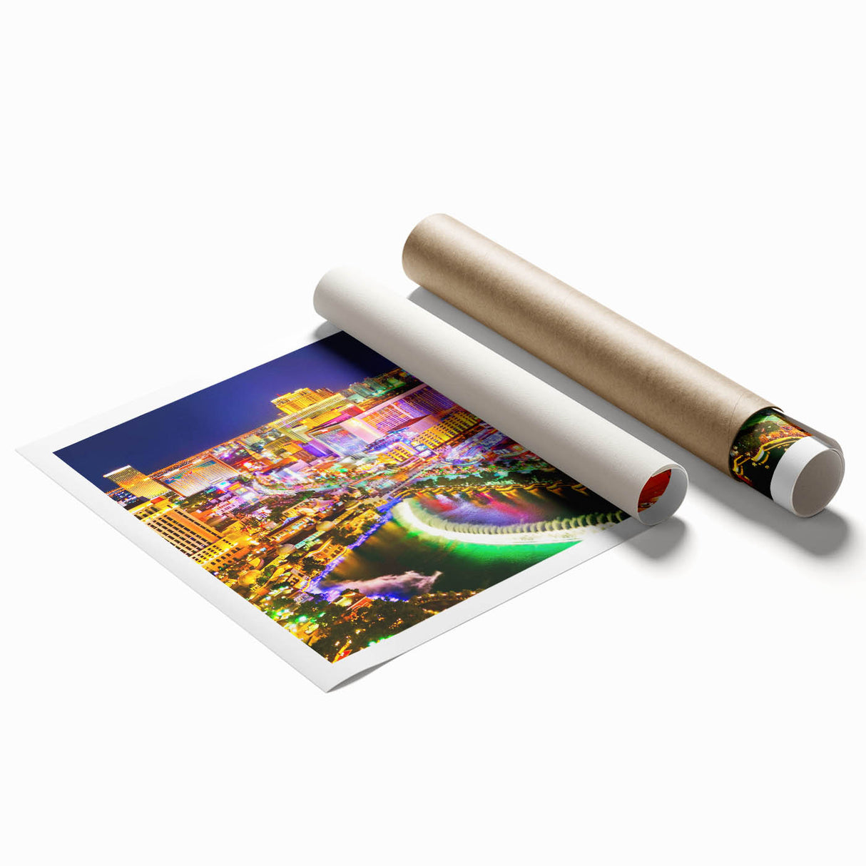 Rolled print of Las Vegas scenery with vibrant neon colors, ideal for large living room or bathroom wall art.