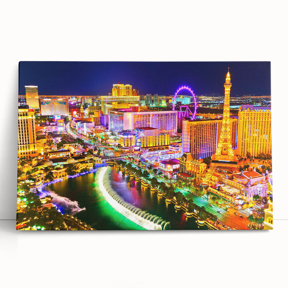 Black and white photo of Las Vegas skyline on stretched canvas, ideal for kitchen wall art or bedroom ambiance.