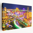 Las Vegas skyline with vibrant neon colors on stretched canvas, suitable for kitchen wall art.
