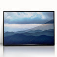 Large abstract wall art depicting the Blue Ridge Mountains in muted blues and greens on a framed acrylic.