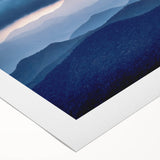 Art deco poster of Blue Ridge Mountains in muted blue and green tones on rolled canvas, suitable for dining room decor.