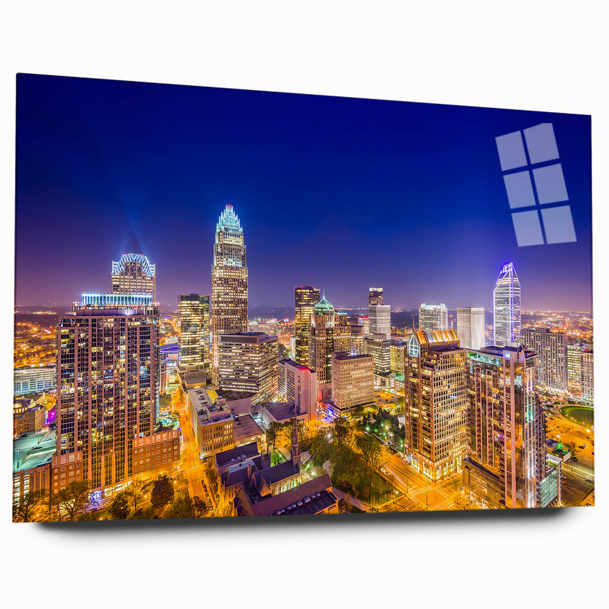 Acrylic print of Charlotte, North Carolina skyline in muted gray and blue tones, ideal for bedroom or dining room art.