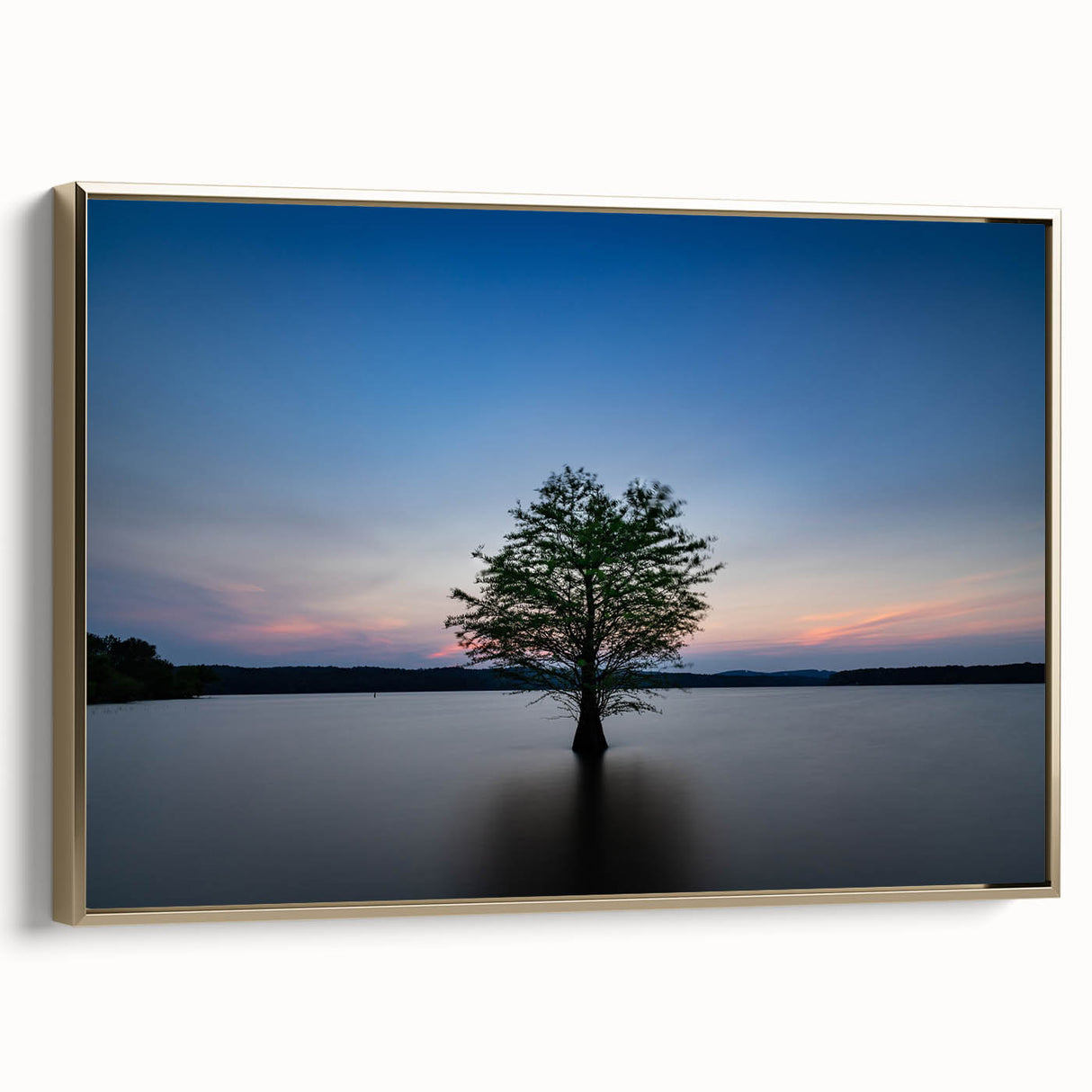 Framed canvas of Durham, North Carolina landscape in muted gold and black tones, suitable as wall art for bedroom.