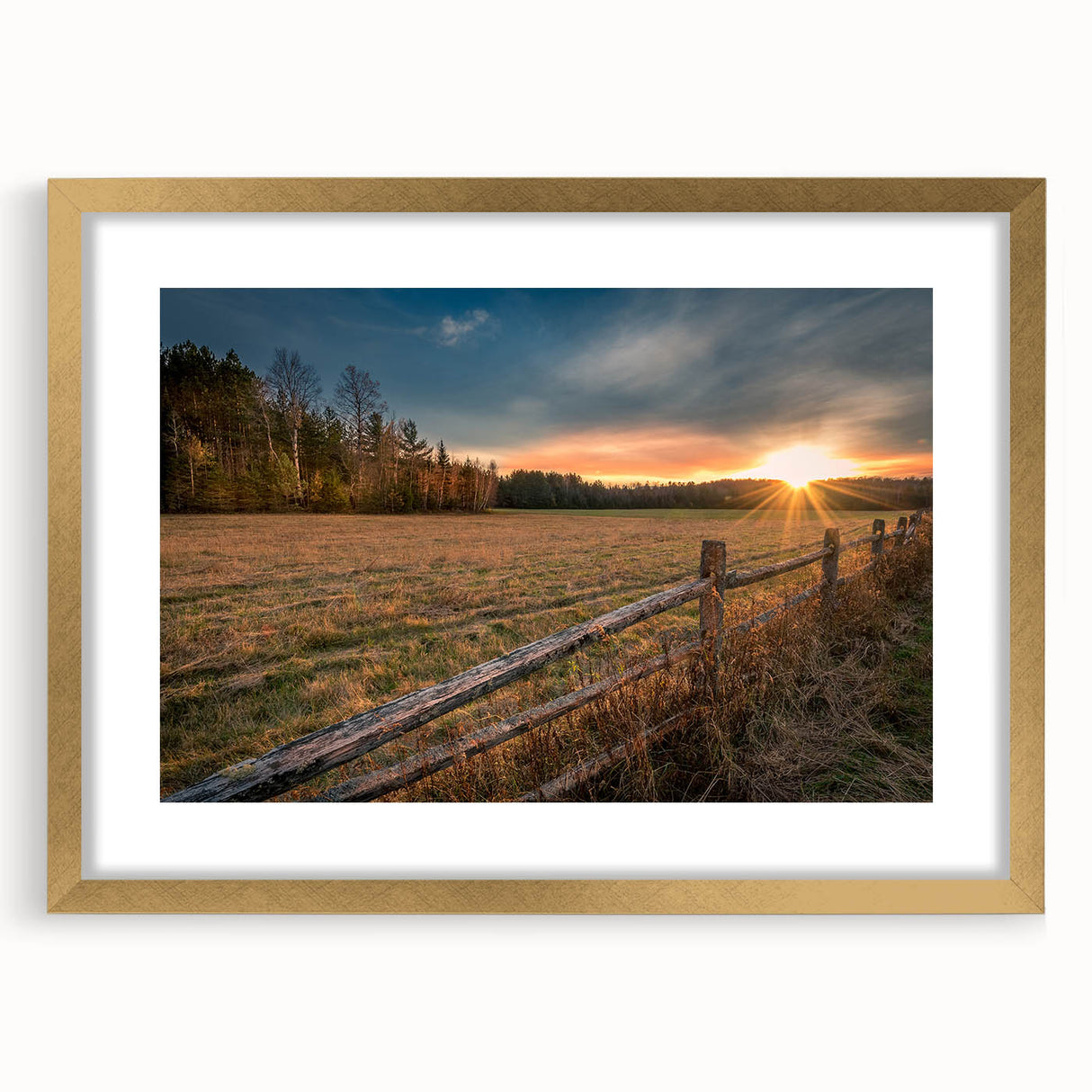 Extra large abstract print of Adirondack scenery in gold frame, featuring textured brush strokes and earthy tones.