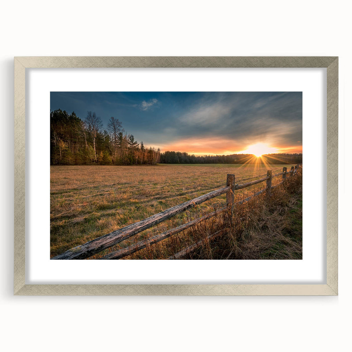 Textured abstract art print of Adirondacks scenery in muted earth tones, framed in silver, ideal for bedroom art.