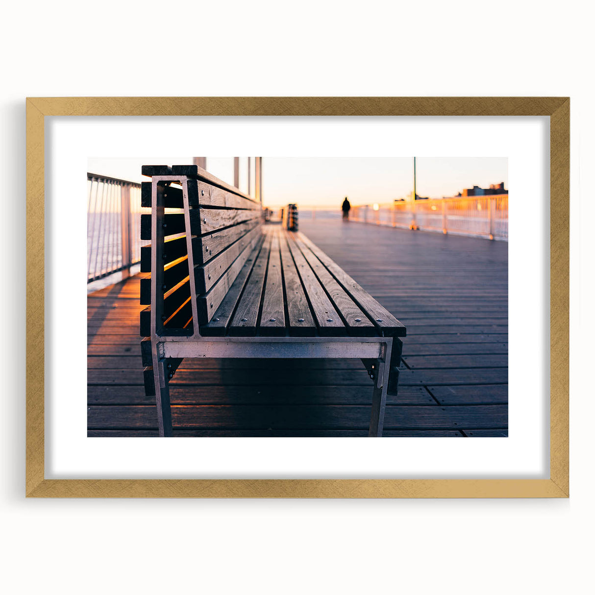 Extra large abstract art print of Coney Island with textured design in muted gold frame, suitable for living room decor.
