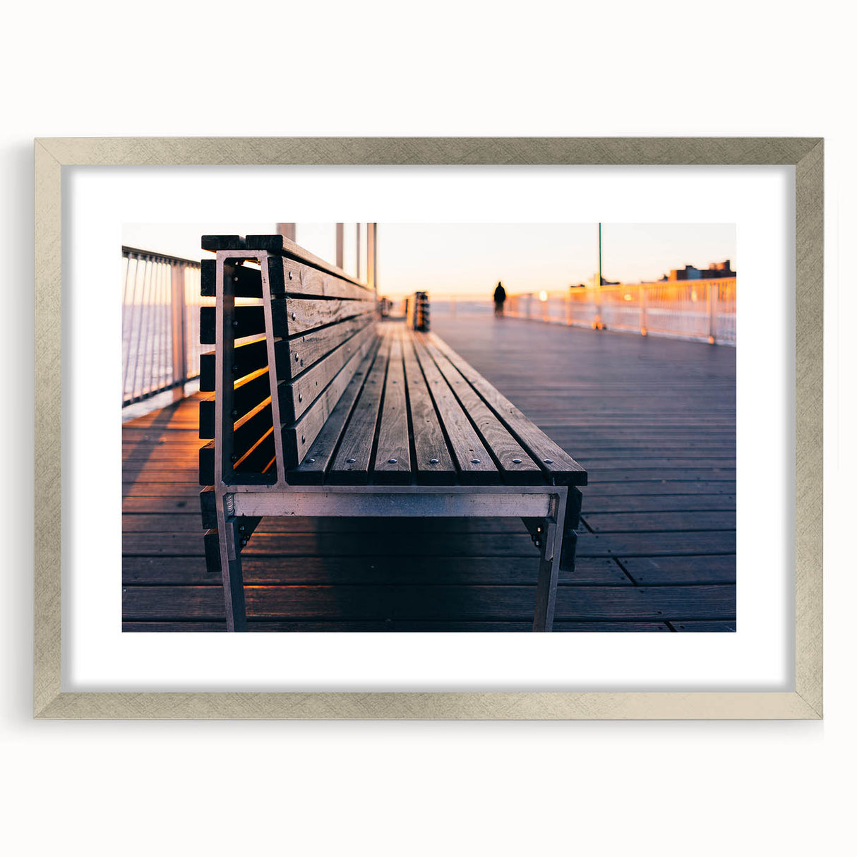 Textured art of Coney Island in abstract style with muted colors on a framed silver mat, suitable for bedroom decor.