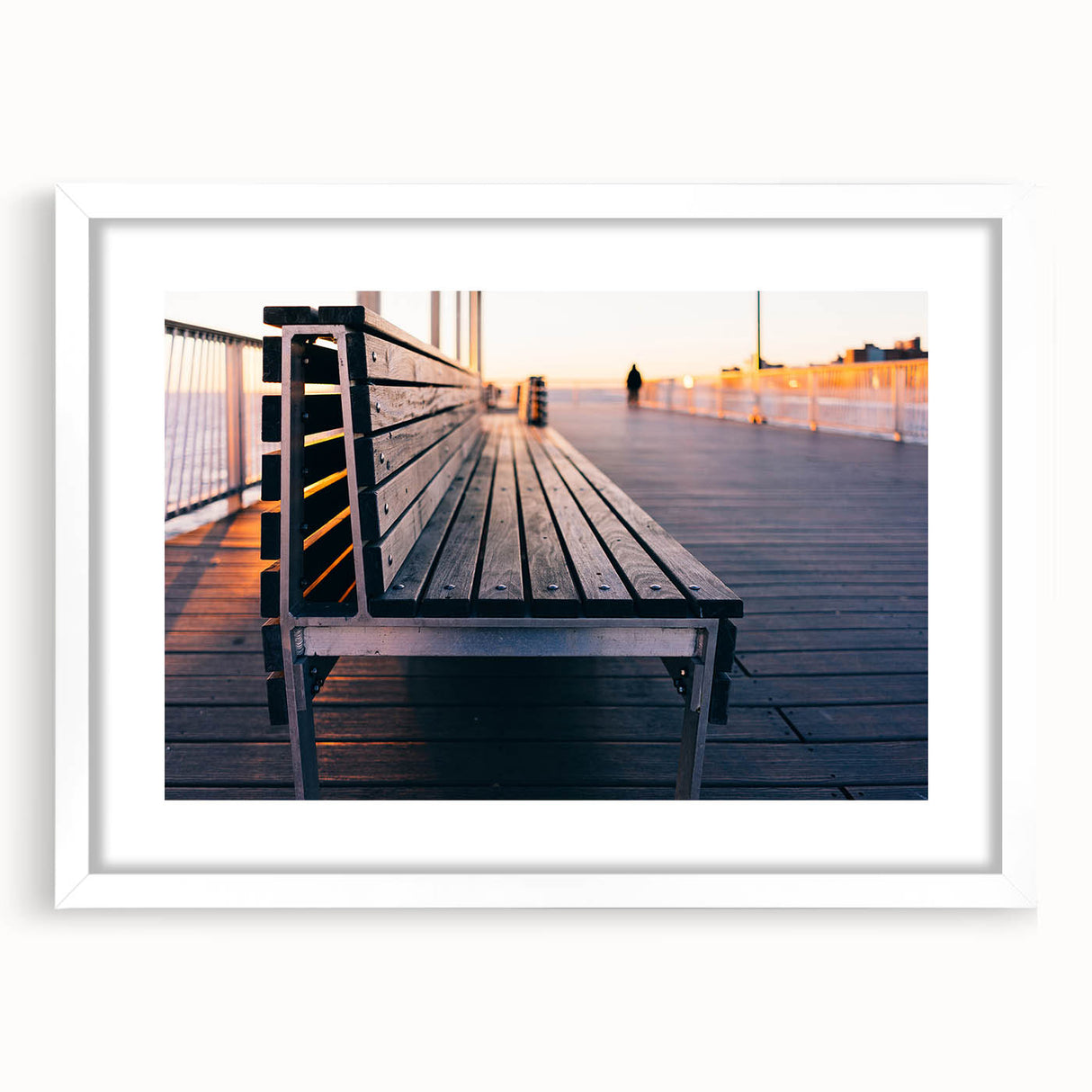 Abstract art print of Coney Island, featuring muted pastel shades on a framed white mat, ideal for dining room art.