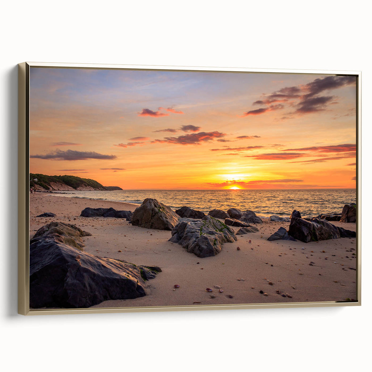 Framed canvas of a vintage-style Long Island landscape in black and gold tones, ideal for bedroom wall art.