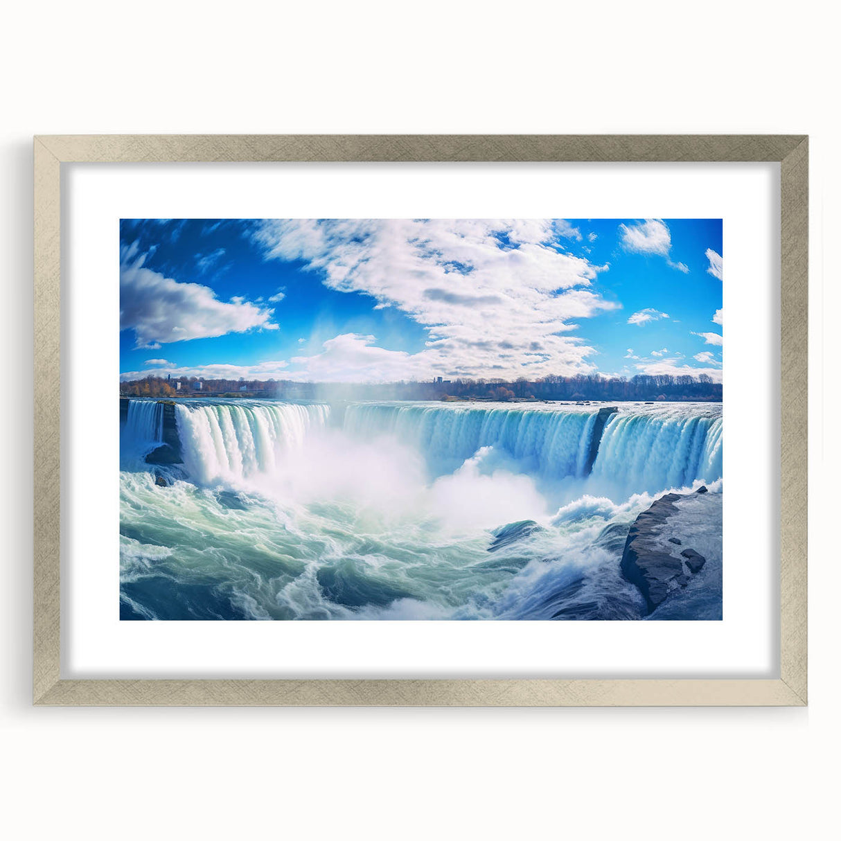 Textured art print of Niagara Falls in abstract style, with muted blue and gray tones, framed in silver.