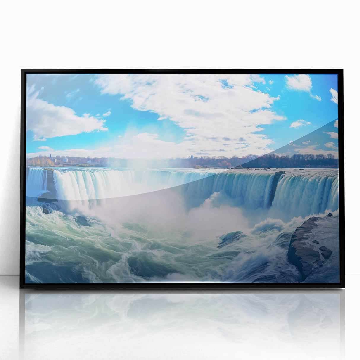 Large abstract wall art depicting Niagara Falls in muted blue and gray tones on a framed acrylic.