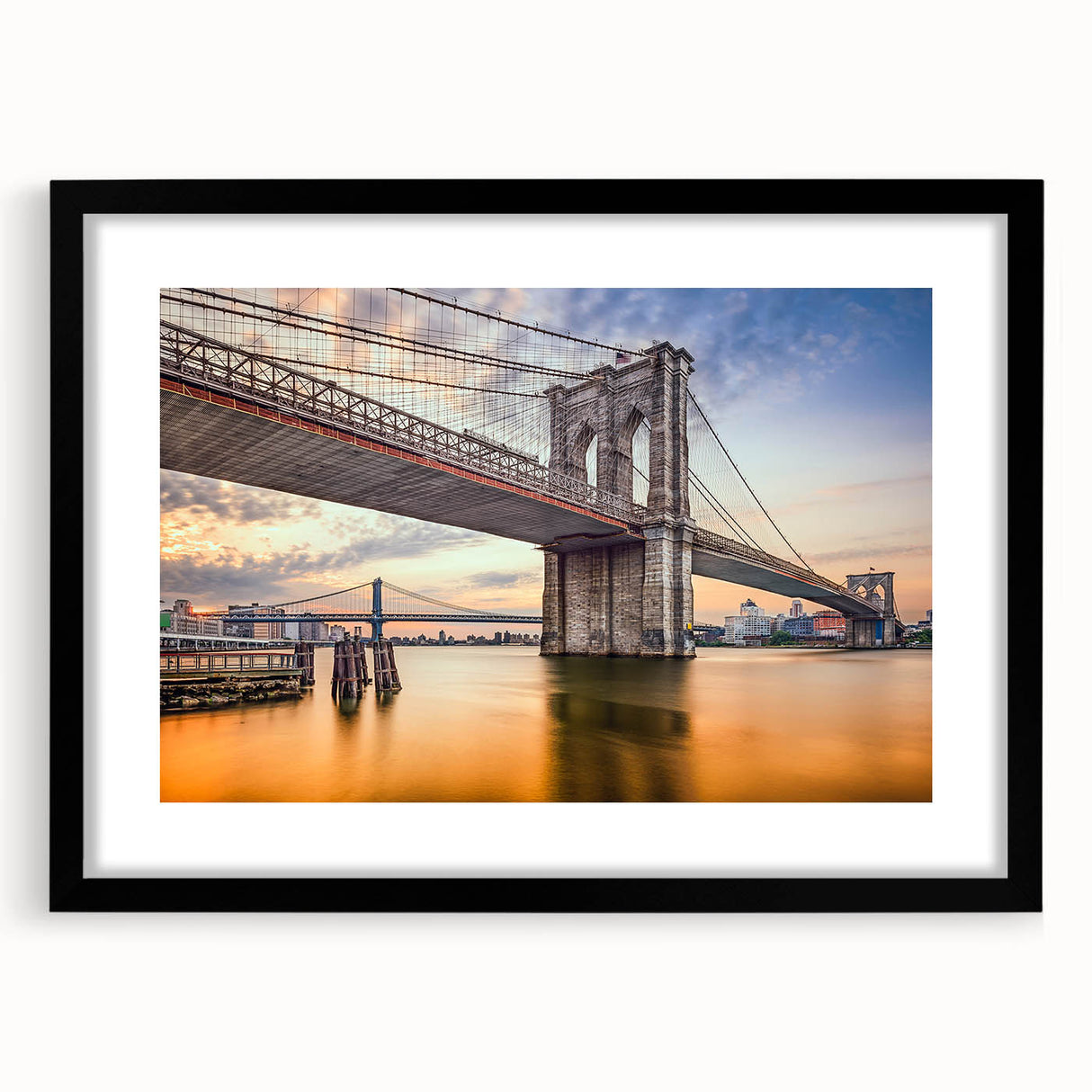 Colorful abstract art print of the NYC Brooklyn Bridge in vibrant hues on a textured, extra large framed canvas.