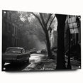 Acrylic print of New York City skyline in muted gray and blue tones, ideal for modern bedroom or dining room decor.