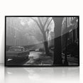 Large abstract wall art depicting the Brooklyn skyline in muted gray and blue tones, framed acrylic.