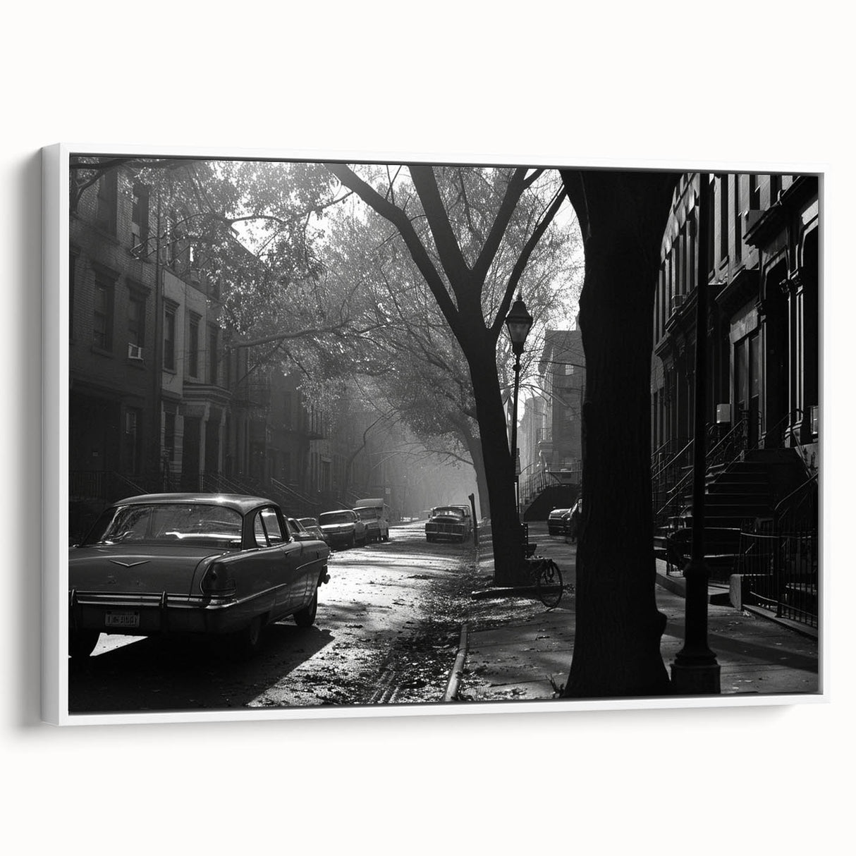 Vintage poster art of Brooklyn Bridge in colorful hues on a white framed canvas, ideal for living room decor.