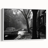 Vintage poster art of Brooklyn Bridge in colorful hues on a white framed canvas, ideal for living room decor.