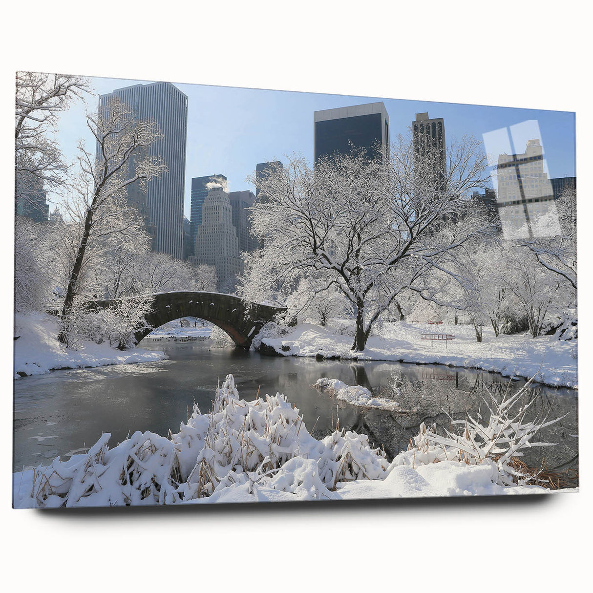 Acrylic print of Central Park with muted green and brown tones, ideal for dining room decor.