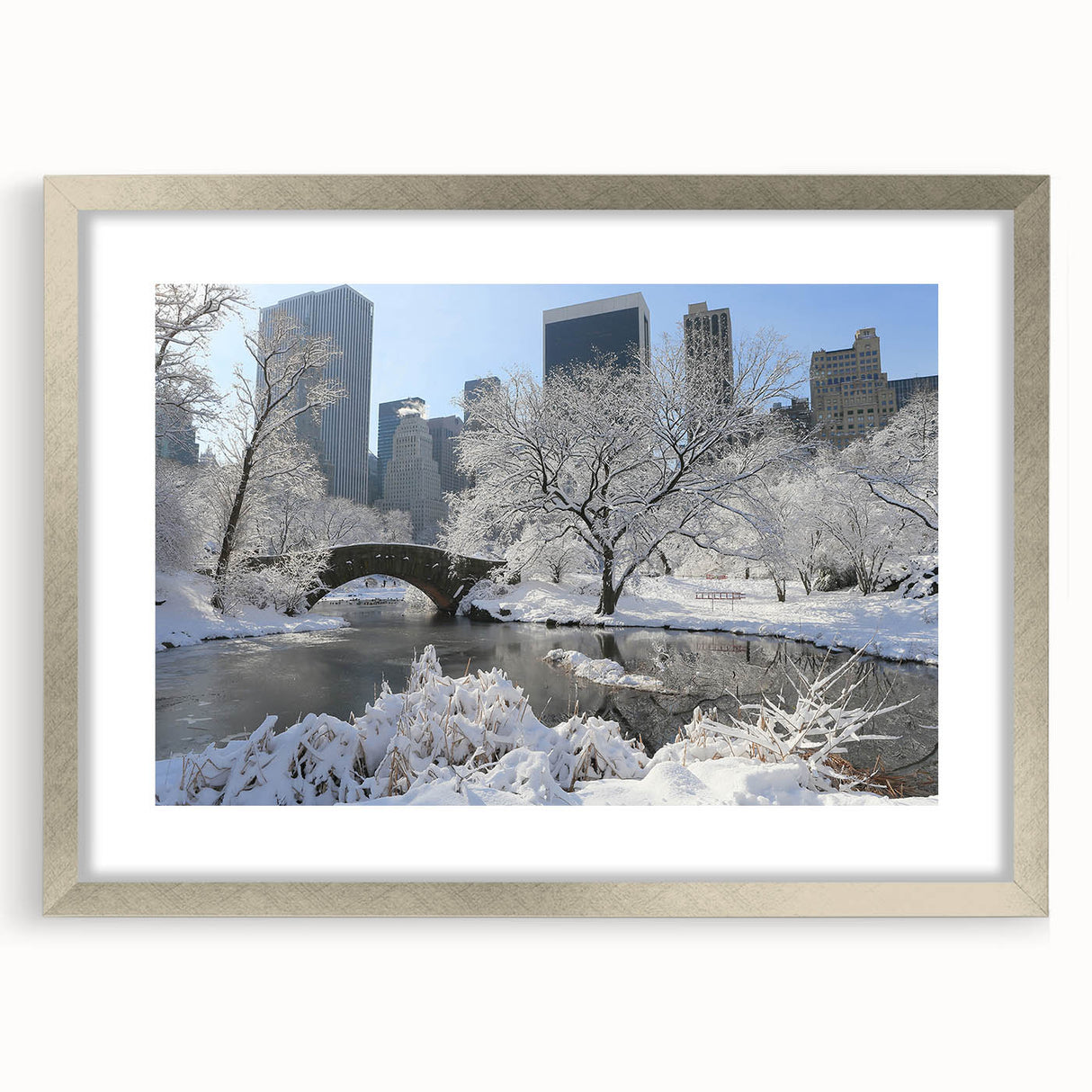 Textured art print of Central Park in abstract style with muted green and brown tones on a silver-framed mat.