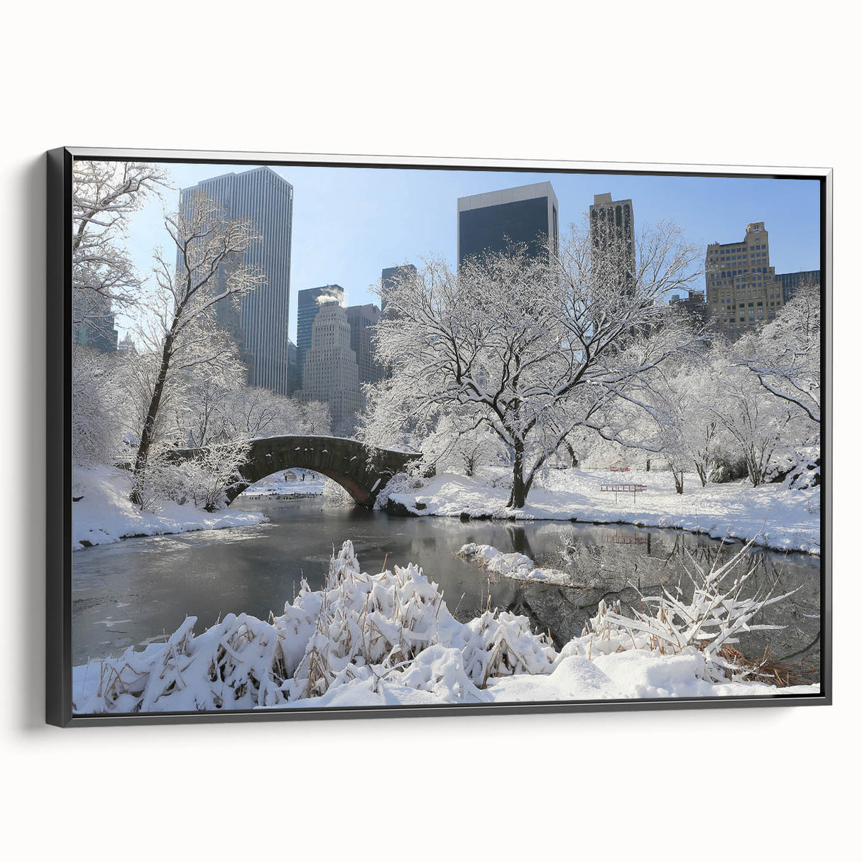 Framed canvas of a black and white vintage poster art depicting Central Park, ideal for bedroom wall decor.