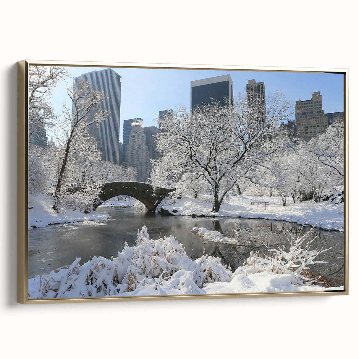 Framed canvas wall art depicting Central Park with muted green and gold tones, ideal for bedroom decor.