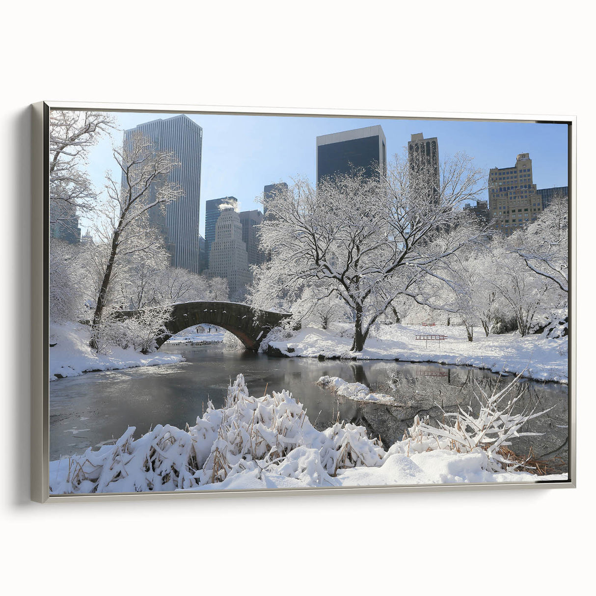 Framed canvas of a vintage-style landscape art painting depicting Central Park with colorful autumn trees and a black…