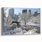 Framed canvas of a vintage-style landscape art painting depicting Central Park with colorful autumn trees and a black…