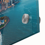 Large abstract depiction of Ellis Island in muted earth tones on acrylic glass, suitable for dining room art.