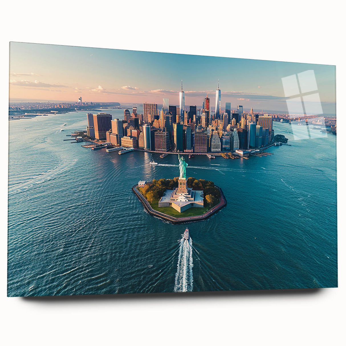 Large abstract wall art of the NYC skyline on acrylic glass, featuring muted blue and gray tones.