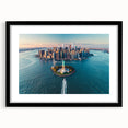 Extra large, colorful abstract art print of Ellis Island, featuring a textured look on a black framed canvas.