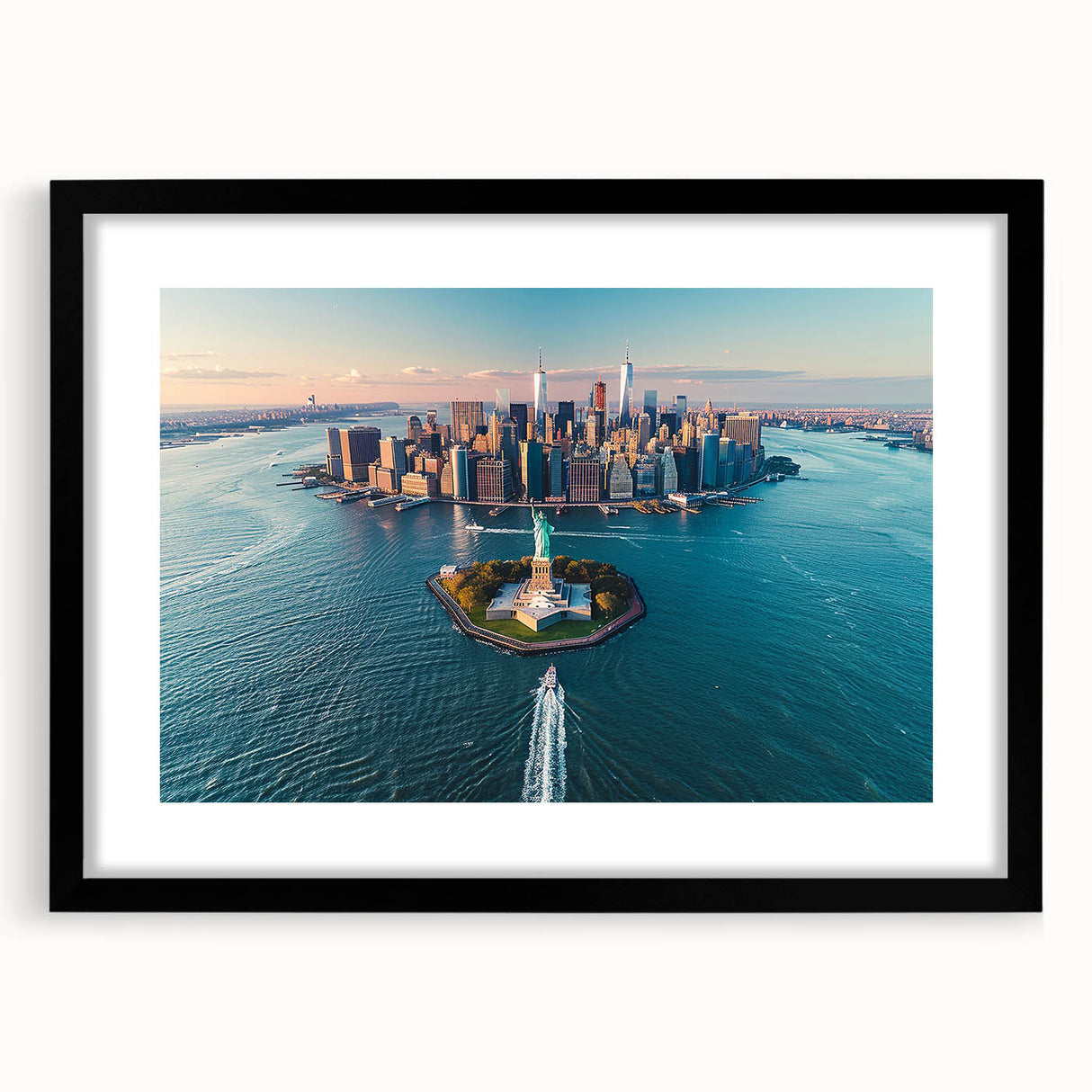 Extra large, colorful abstract art print of Ellis Island, featuring a textured look on a black framed canvas.