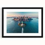 Extra large, colorful abstract art print of Ellis Island, featuring a textured look on a black framed canvas.
