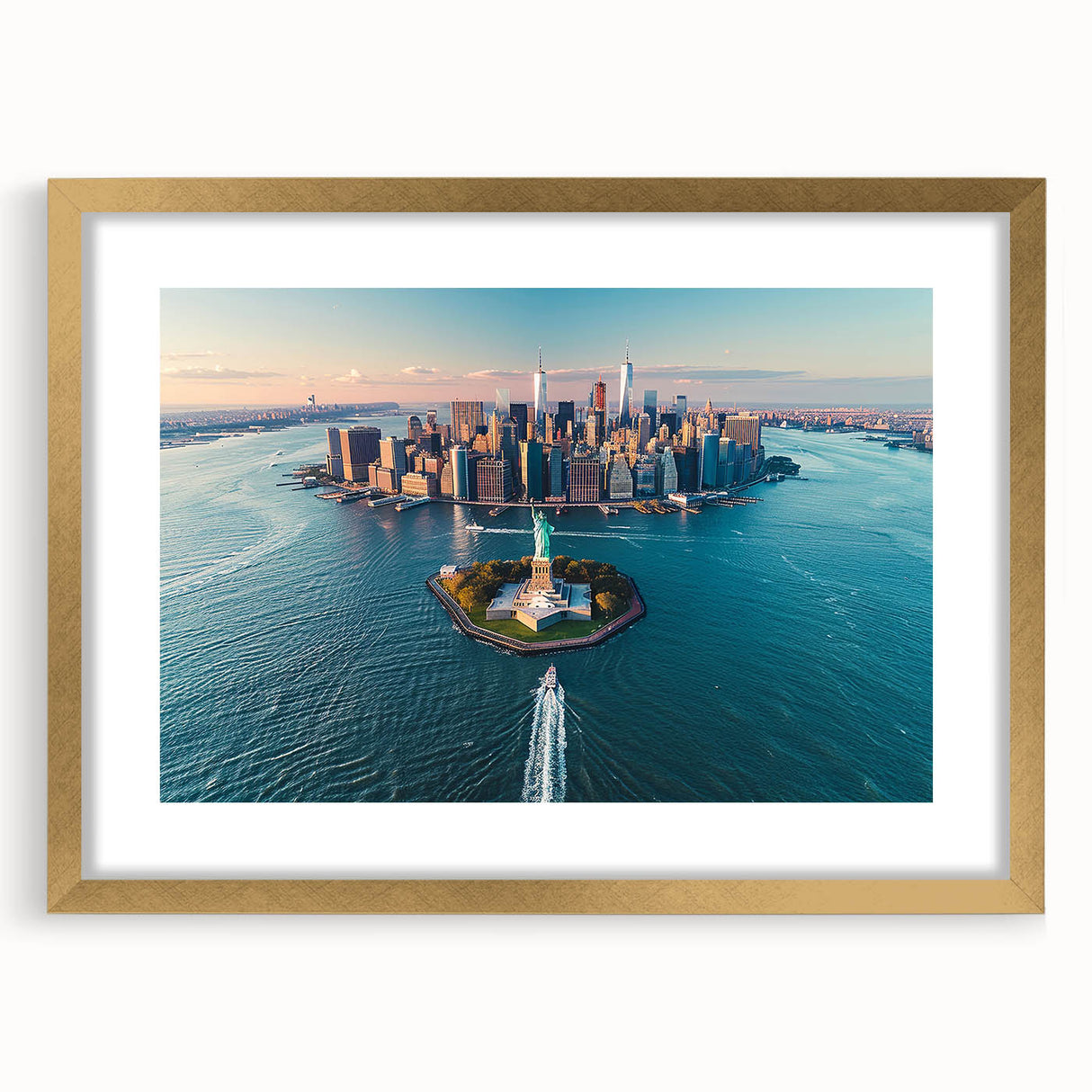 Extra large abstract art print of Ellis Island, featuring textured hues in gold and blue on a framed canvas.