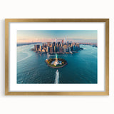 Extra large abstract art print of Ellis Island, featuring textured hues in gold and blue on a framed canvas.