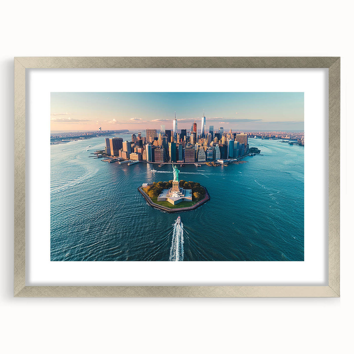 Textured art print of Ellis Island in abstract style, muted colors, framed in silver, ideal for bedroom art.