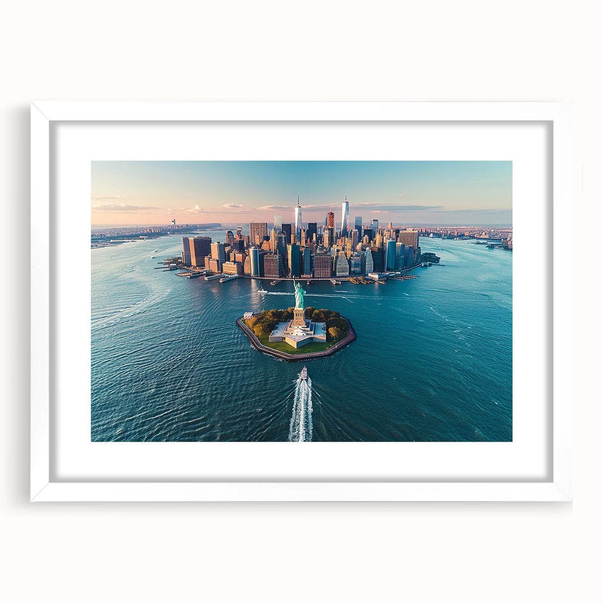 Abstract art print of Ellis Island in muted blues and greens, framed in white, suitable for dining room decor.
