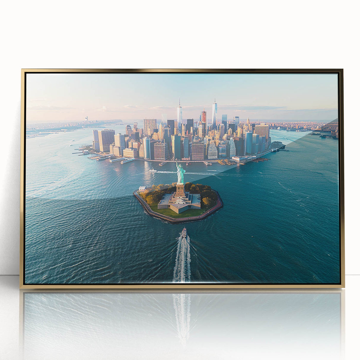 Mid-century modernist style large art print of Ellis Island in muted gold and blue tones, framed acrylic.