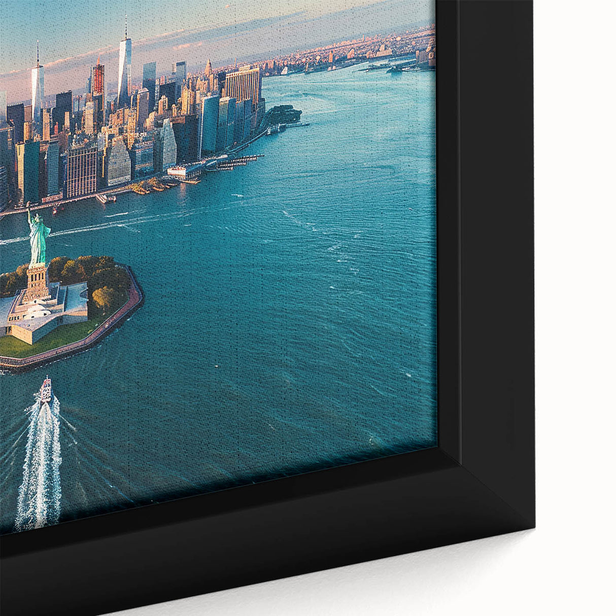 Extra large framed canvas depicting a textured, colorful view of Ellis Island, ideal for living room decor.