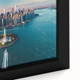 Extra large framed canvas depicting a textured, colorful view of Ellis Island, ideal for living room decor.