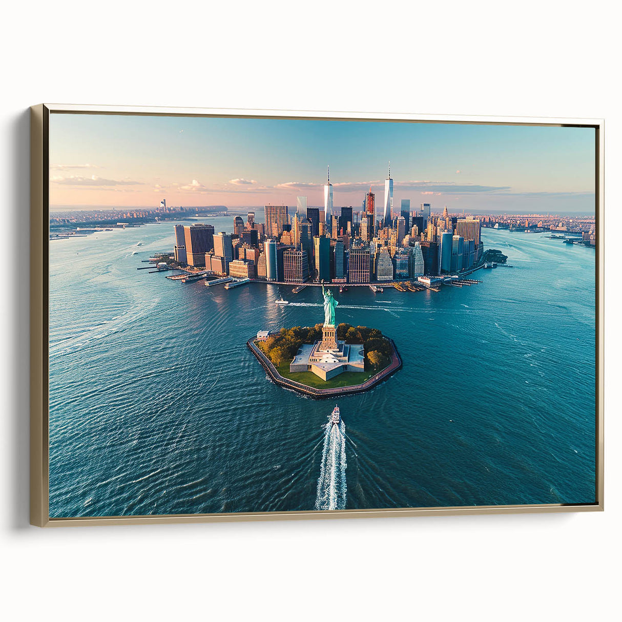 Framed canvas of Ellis Island vintage poster art in black and gold, ideal for bedroom wall decor.