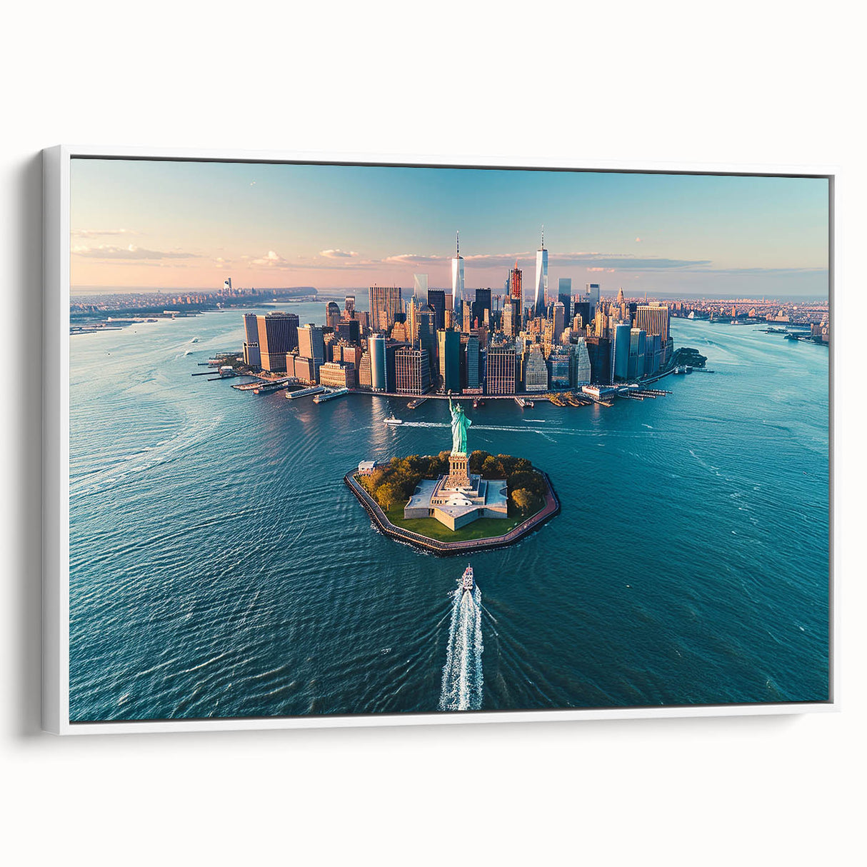 Vintage poster art of Ellis Island, featuring a colorful palette on a framed canvas, ideal for living room decor.