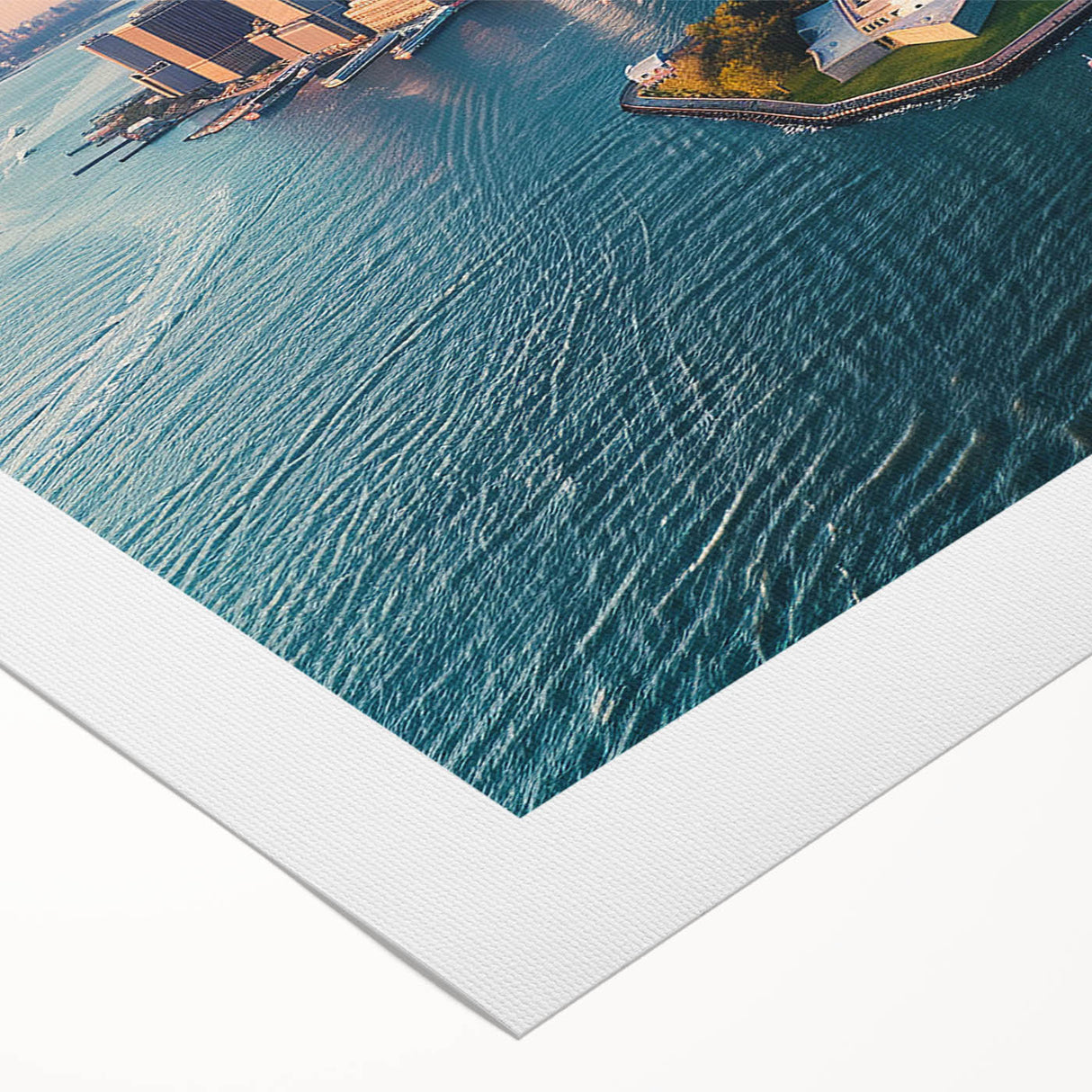 Art deco poster of Ellis Island with muted sepia tones on rolled canvas, suitable for dining room wall art.