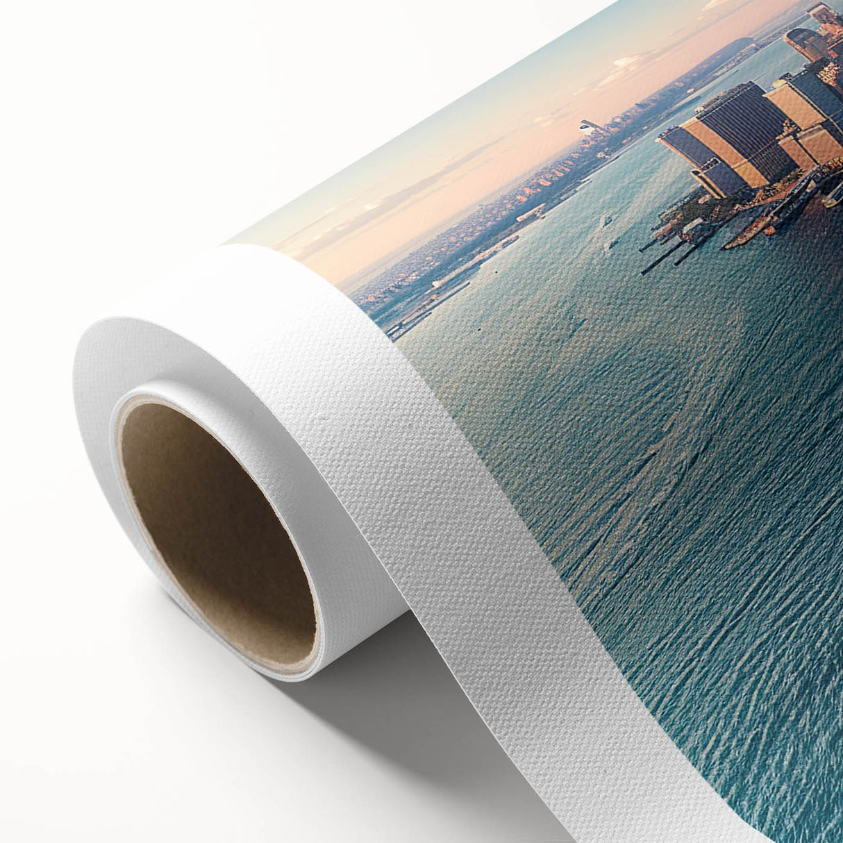 Art Deco poster of Ellis Island with muted blue and gray tones on rolled canvas, ideal for nursery wall art.