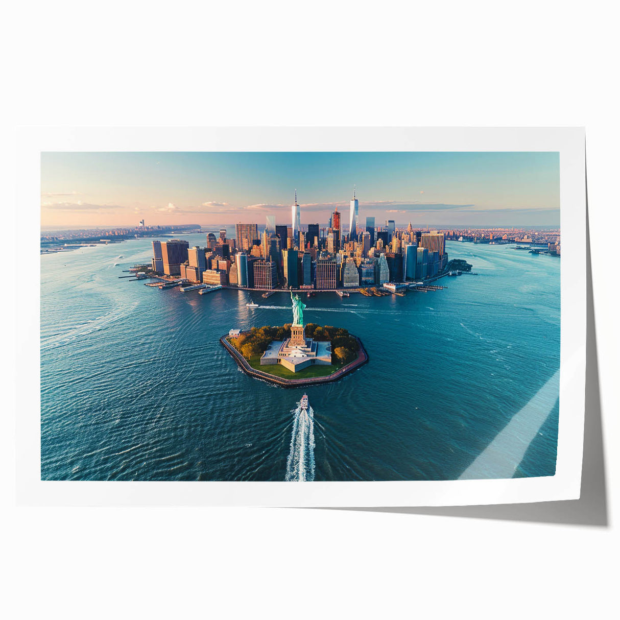 Extra large wall art featuring a detailed illustration of Ellis Island, rendered in muted earth tones on a rolled canvas.